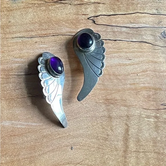 Signed Navajo amethyst & sterling angel wing feather earrings
